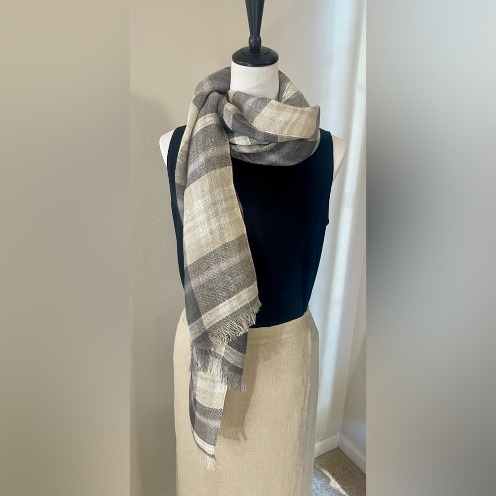 Eskandar Vintage Designer 100% Linen Scarf Black & Cream Plaid Long Basketweave
